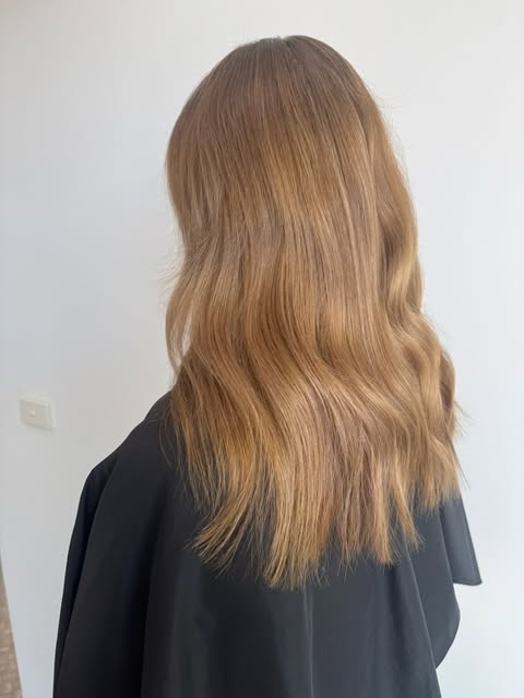 Warm dimensional brunette with glossy waves